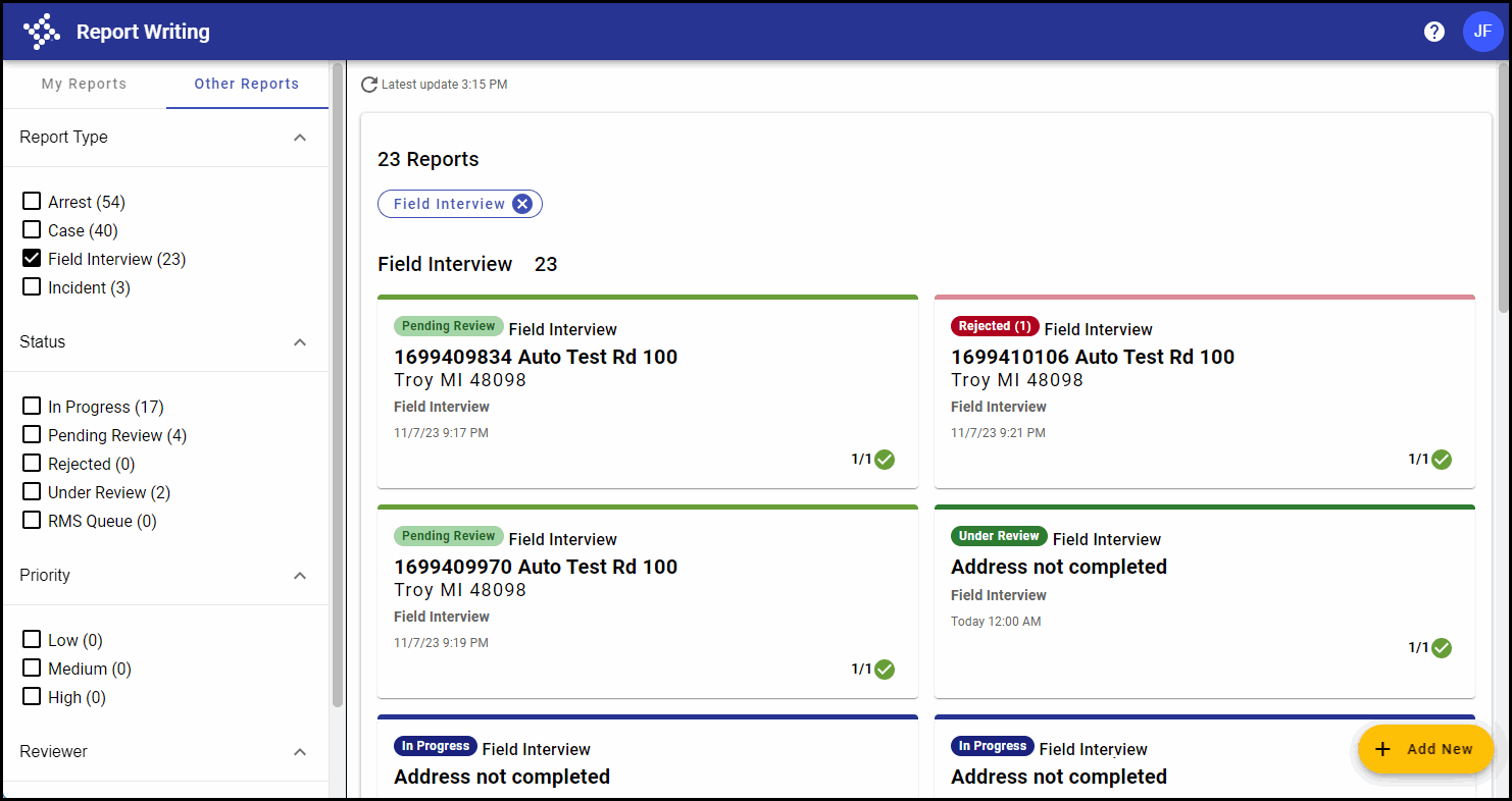 An image of the Home page of the Report Writing application, showing multiple reports and available filters.